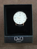 Men's analog wrist watch with white dial and black leather strap