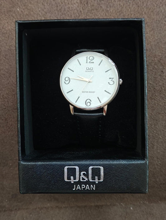 Q&Q Men's Analog Wrist Watch With White Dial and Black Leather Band.