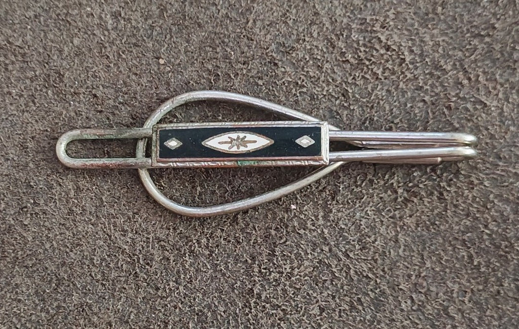 1930s/40s Art Deco Loop Style Silver Tone Black and White Tie Clip