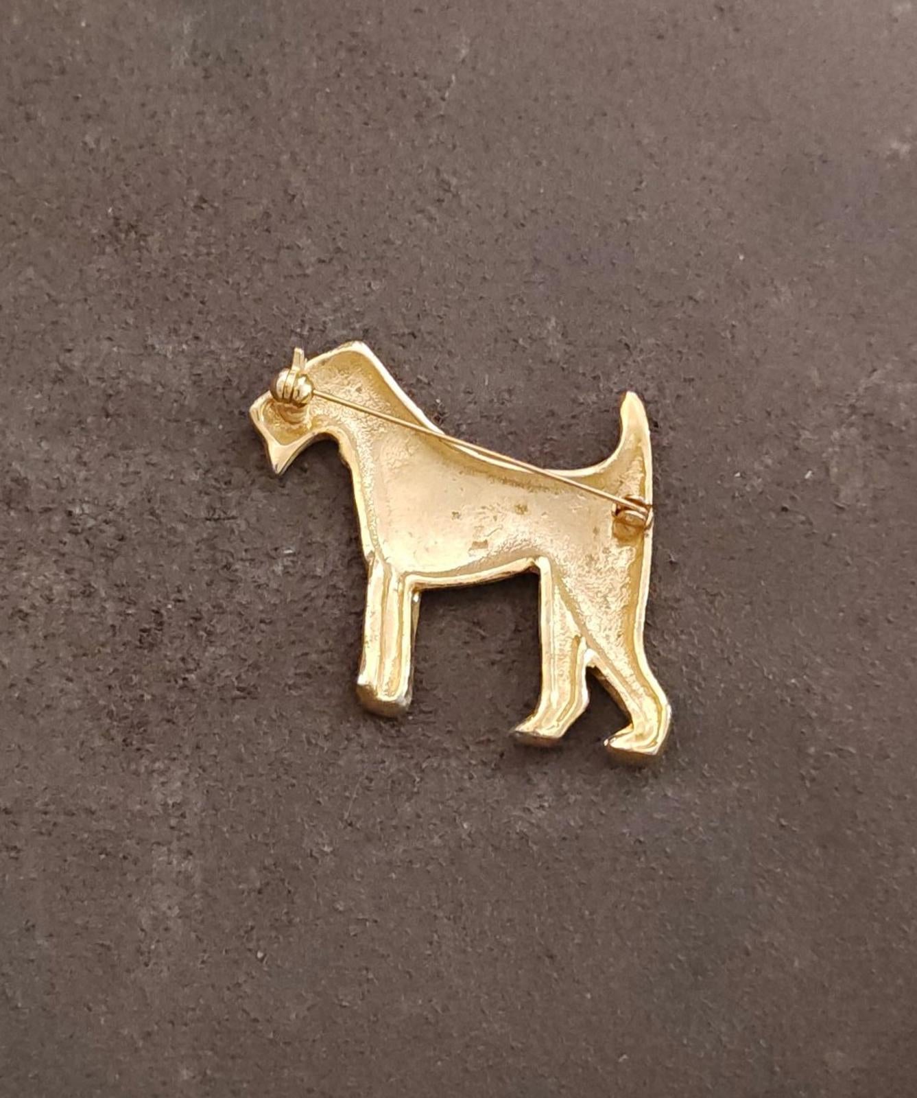1970s Vintage Airedale Terrier Gold Tone Black Enamel With Rhinestone Eye Brooch