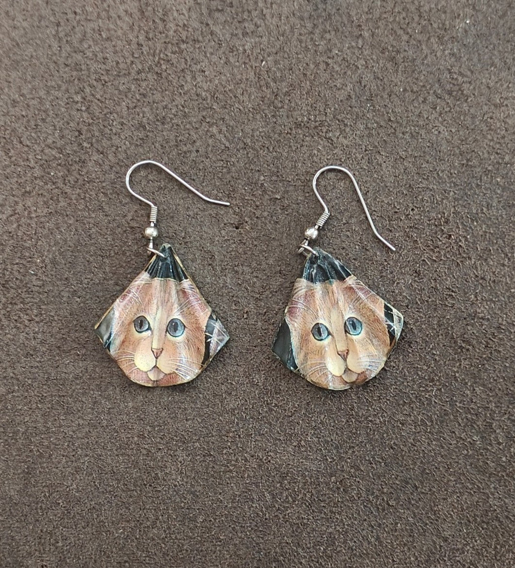 Handmade Cat Face Dangle Earrings Orange Tabby Kitten