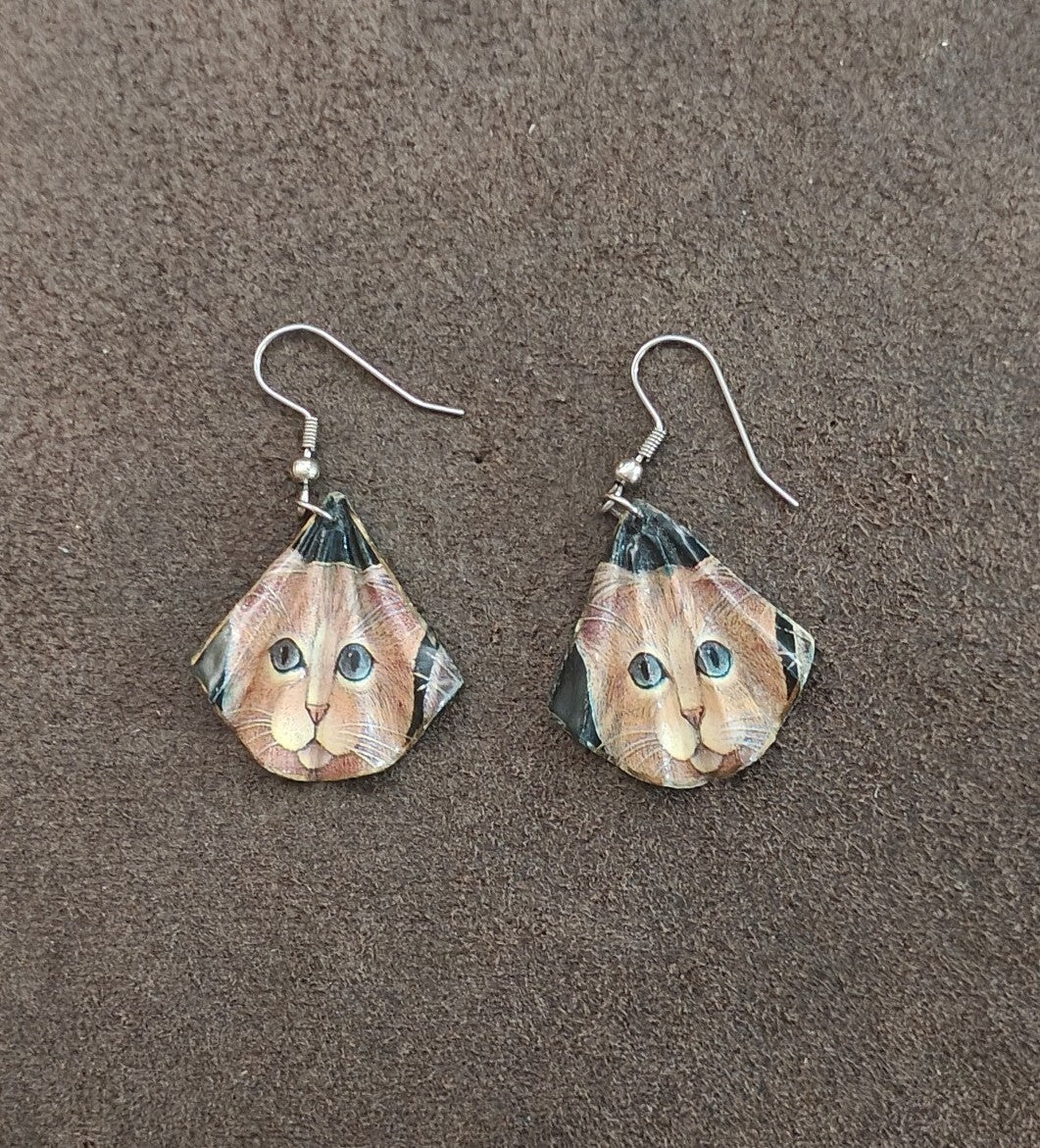 Handmade Cat Face Dangle Earrings Orange Tabby Kitten