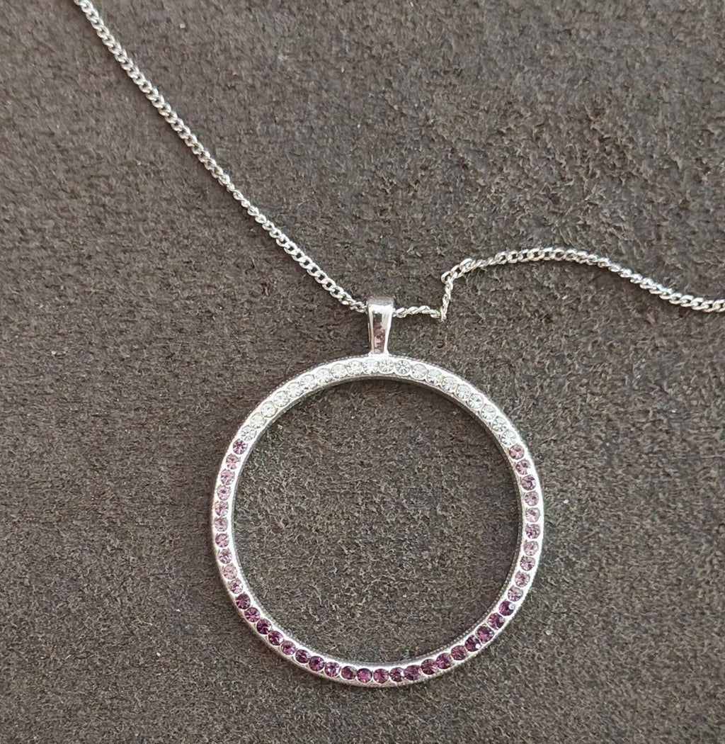80s "Circle of Life" Design With Purple, Pink & Clear Crystals Pendant Necklace - Trinketmania-LV