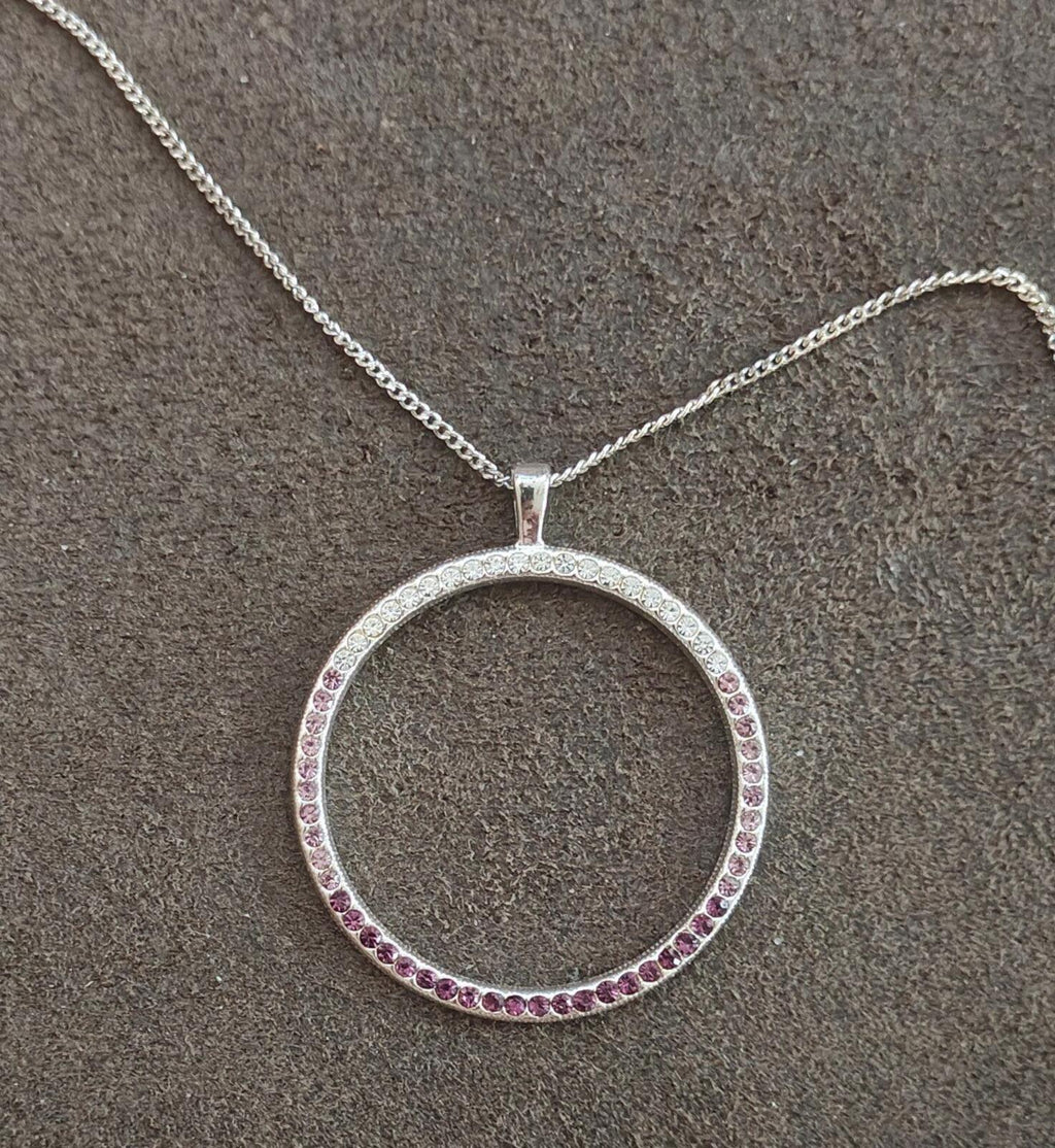 80s "Circle of Life" Design With Purple, Pink & Clear Crystals Pendant Necklace - Trinketmania-LV