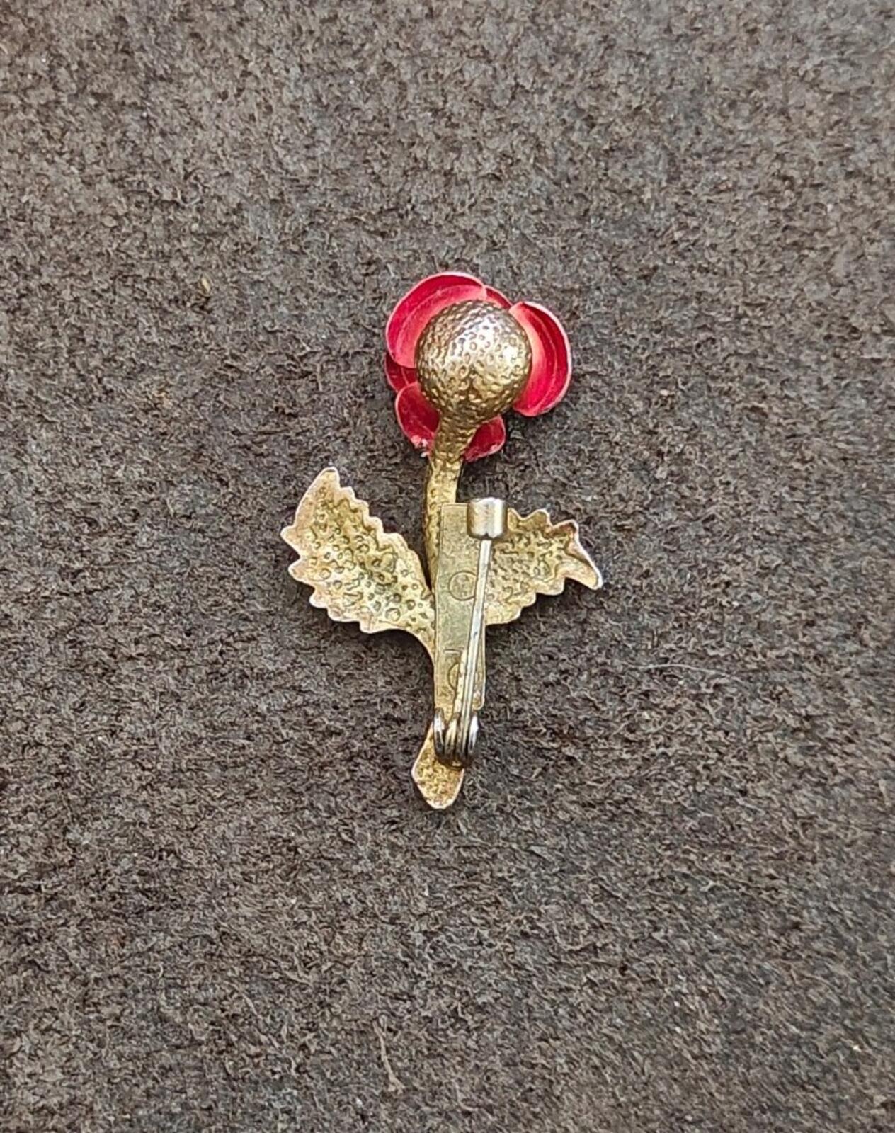 1960s Red Enamel Rose With a Clear Rhinestone In Center Gold Tone Brooch