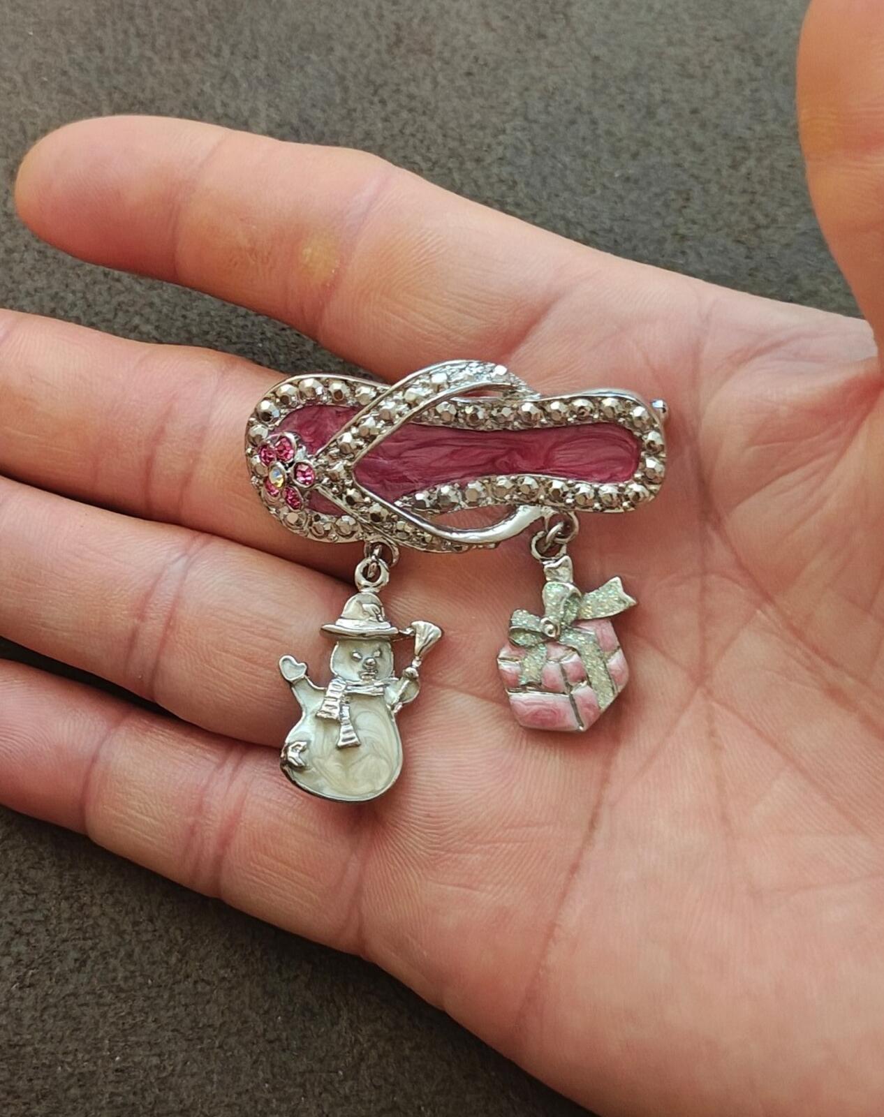 90s Silver Tone Flip Flop With Dangling Charms Enamel & Rhinestones  Brooch