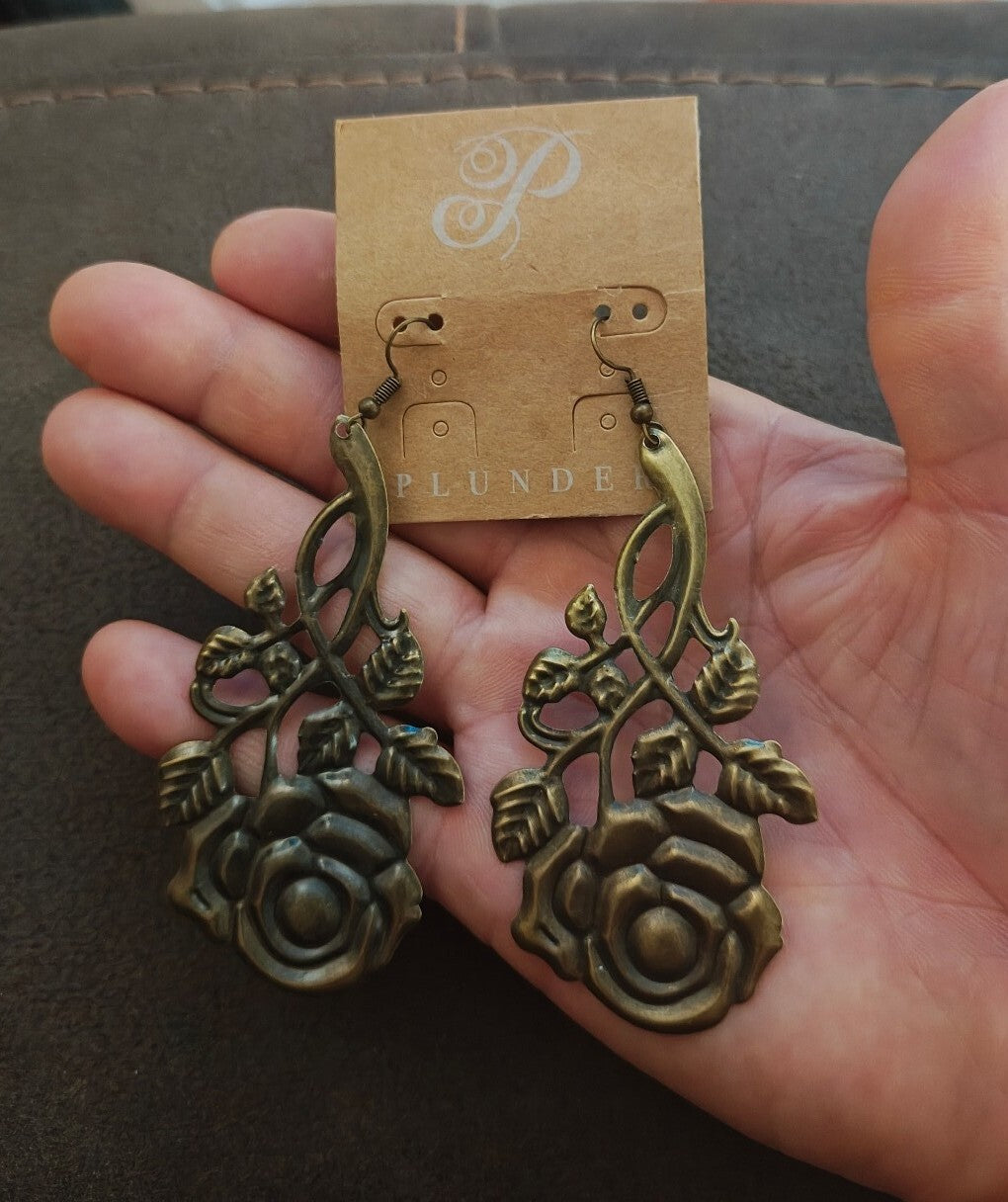 Plunder Design "Rosey" Antique Gold/Bronze Tone Filigree Dangle Earrings New