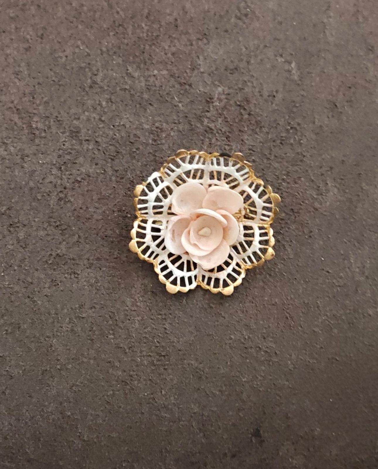 1960s Gold Tone Filigree Pink Rose Brooch