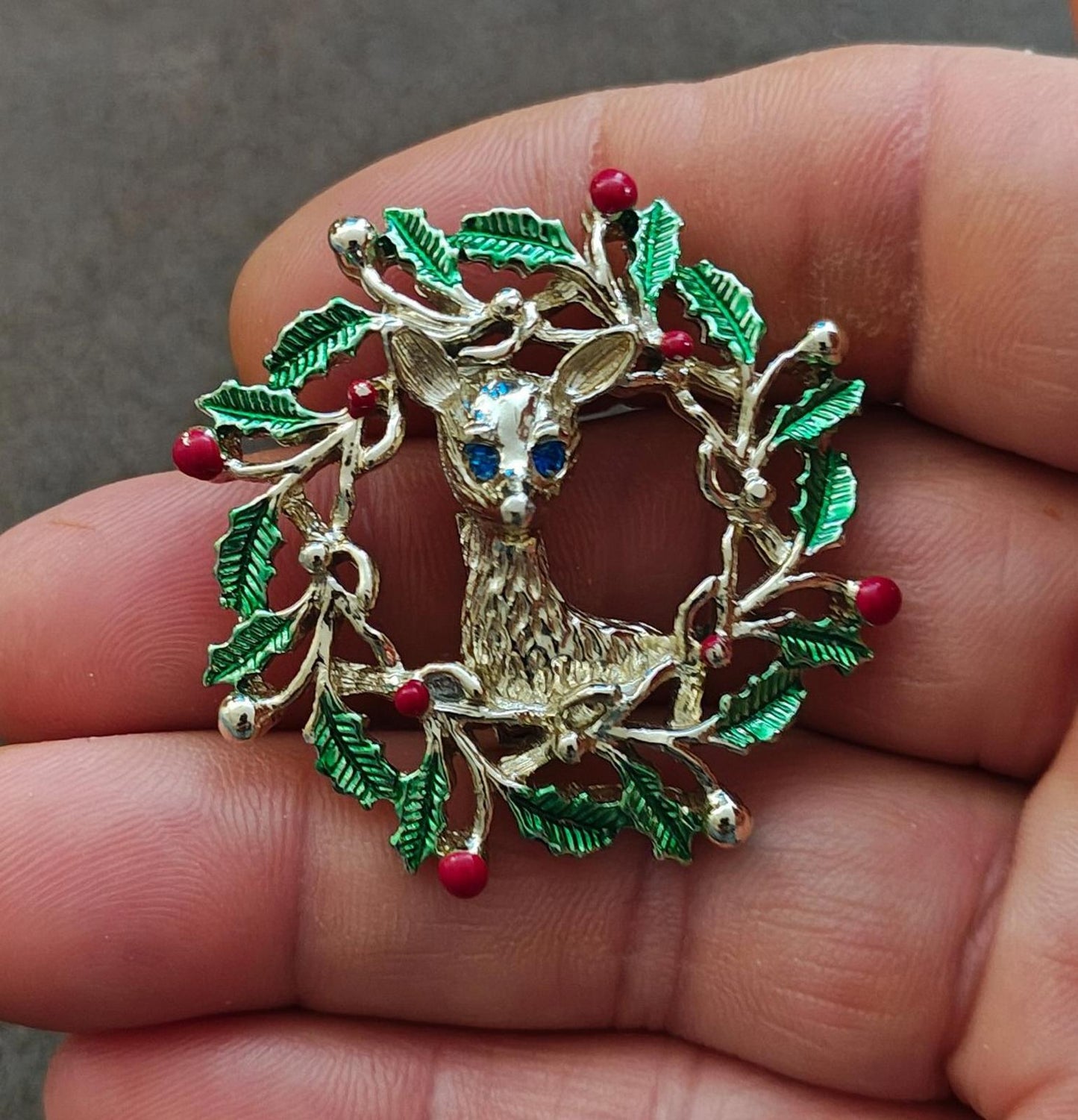 1960s Signed Gerry's Reindeer In a Holly Wreath Gold Tone Enamel Brooch