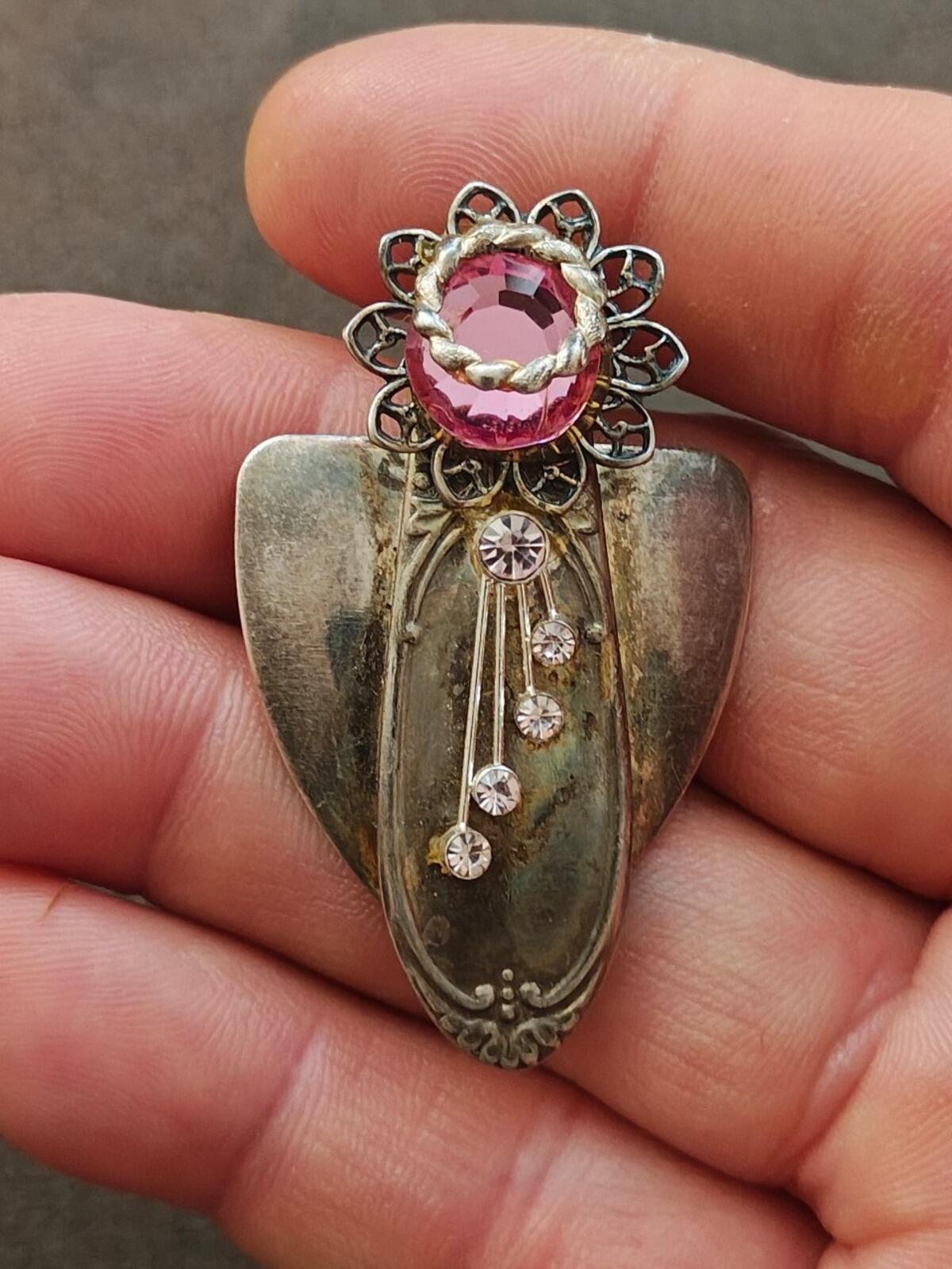 Unique Handcrafted Silver Tone Angel With Rhinestones Brooch