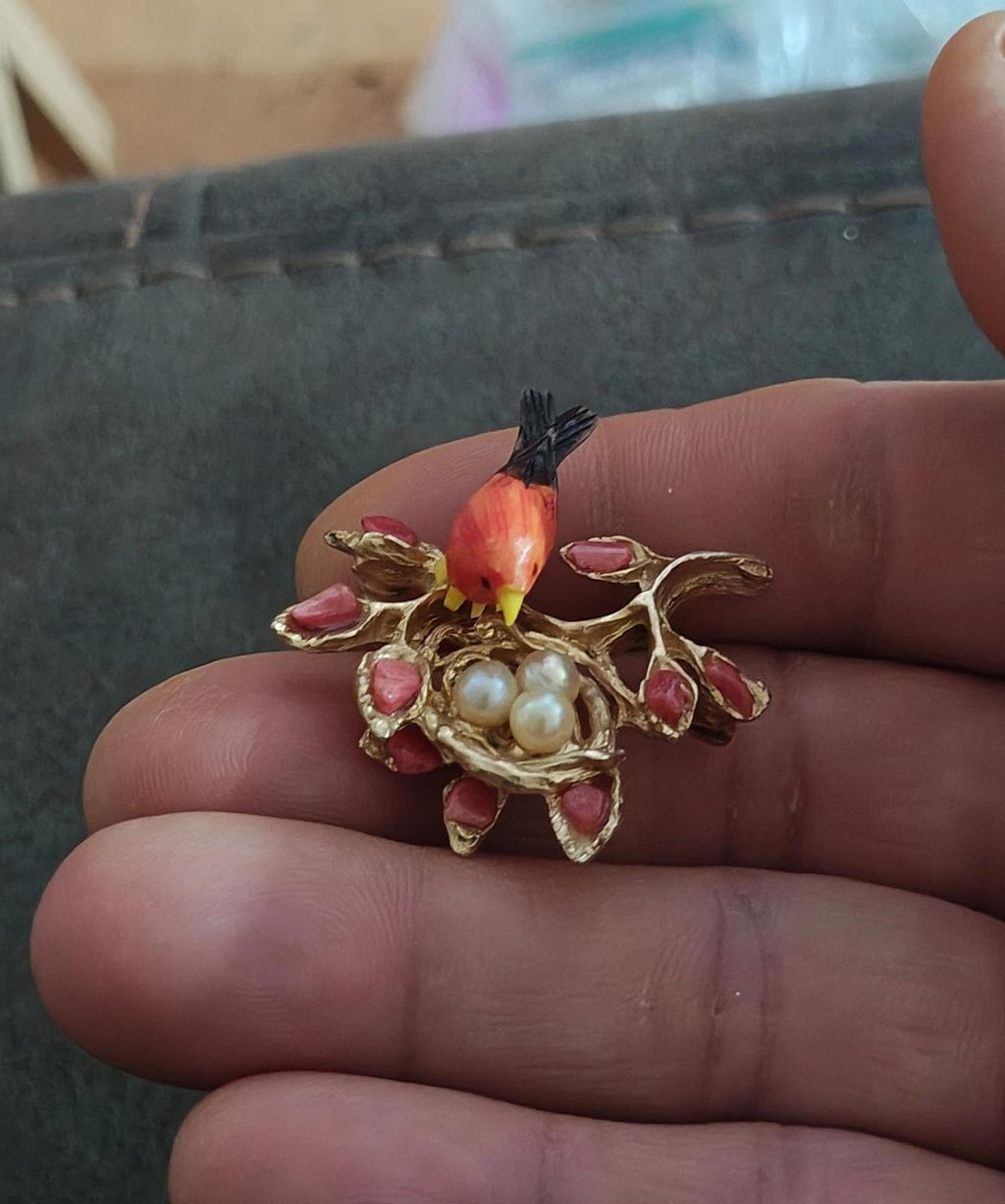 1960's Swoboda Mama Bird in a Nest full of Cultured Pearls Brooch Pin