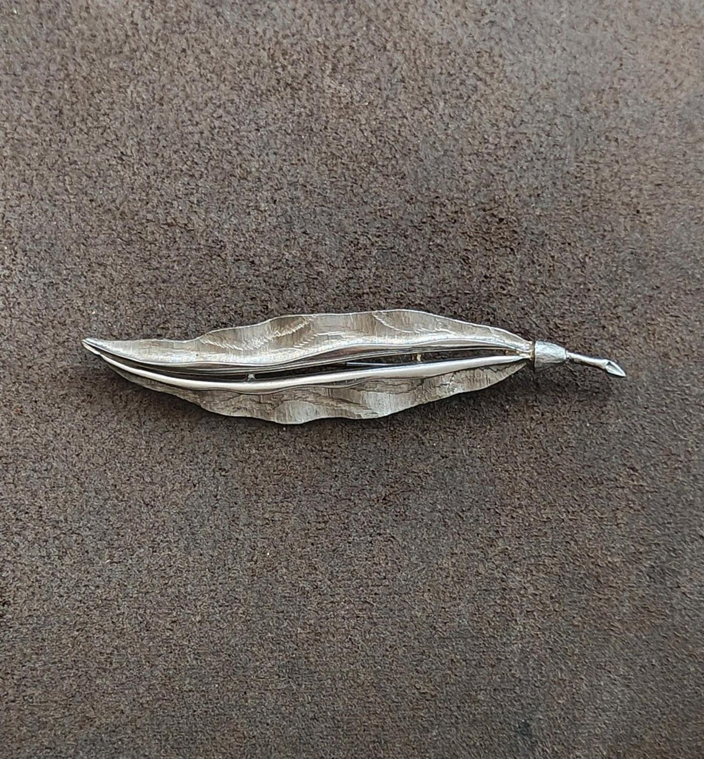 1970s Silver Tone Hand Forged Hammered Leaf Brooch
