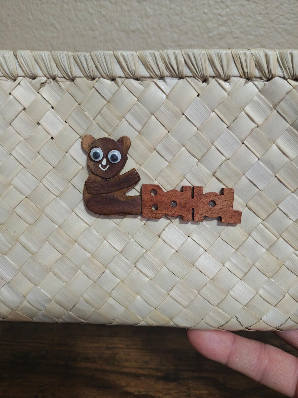 Traditional Handwoven Souvenir Pouch With Wooden Philippine Tarsier Emblem