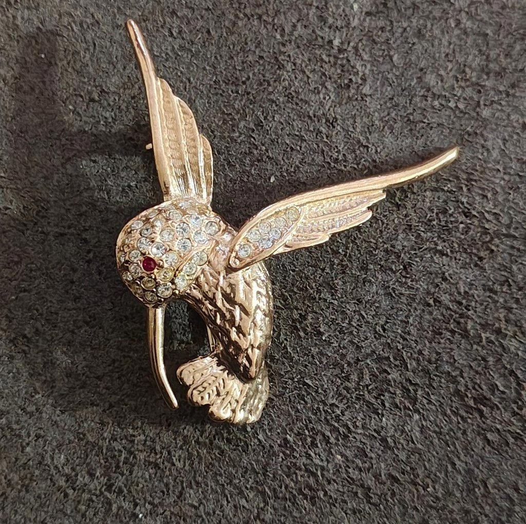 80's Gold Tone Hummingbird With Clear and Red Rhinestones