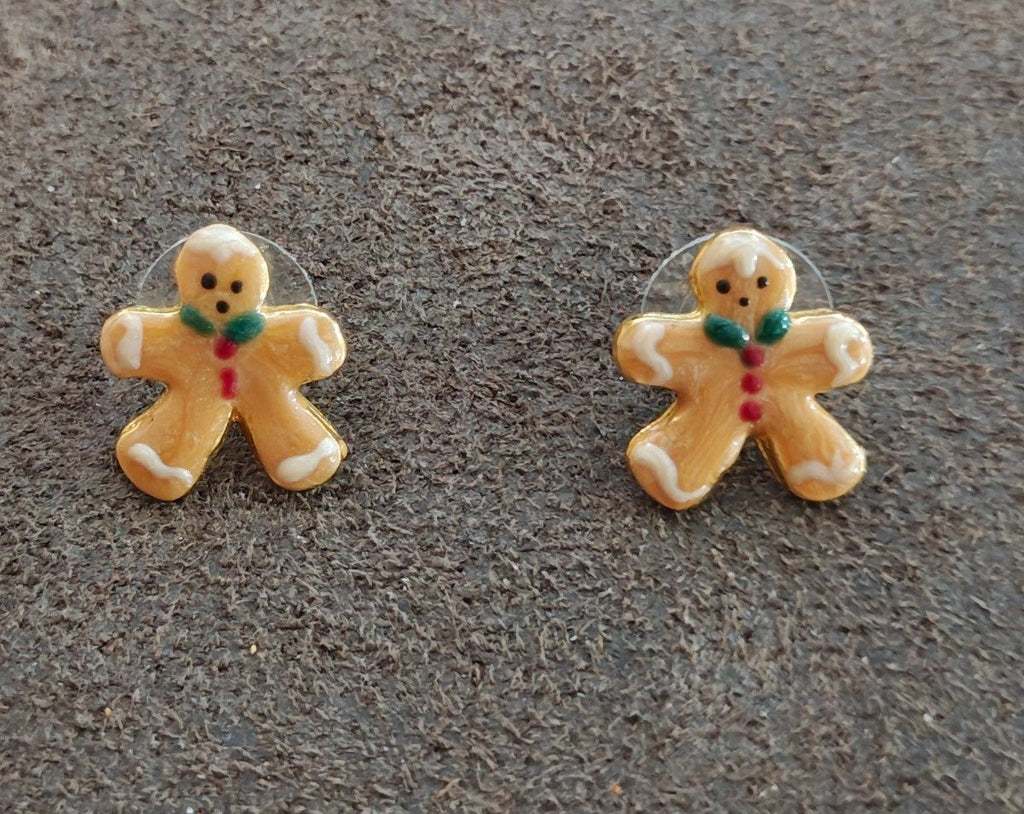 Handpainted Gingerbread Man Gold Tone Stud Earrings