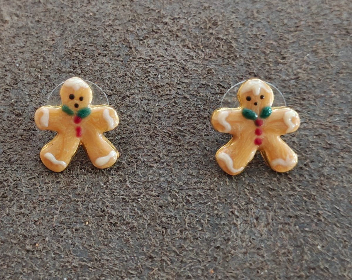 Handpainted Gingerbread Man Gold Tone Stud Earrings