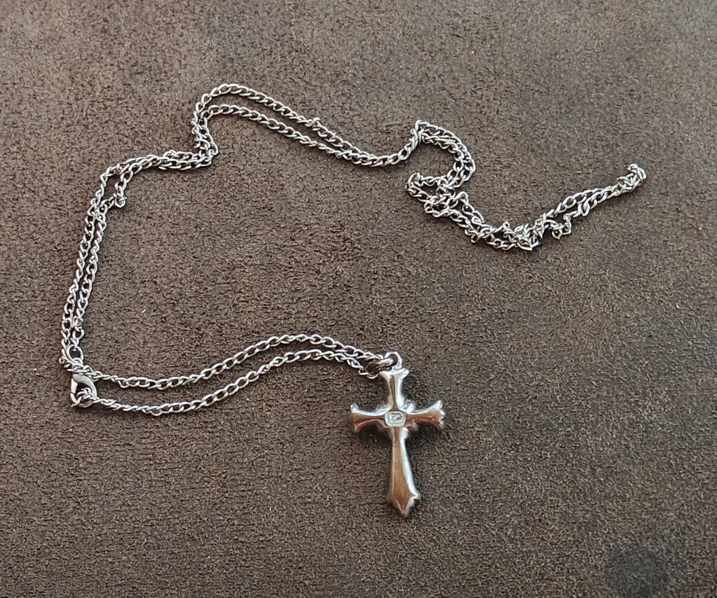 1990s Filigree With Aurora Borealis Rhinestones Silver Tone Cross Necklace