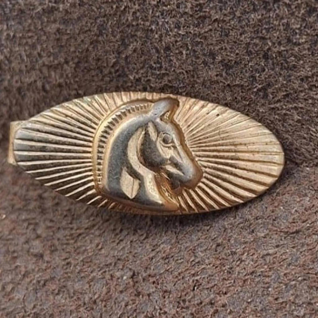 Gold-tone oval tie bar clip showing a raised horse head profile in ray burst frame