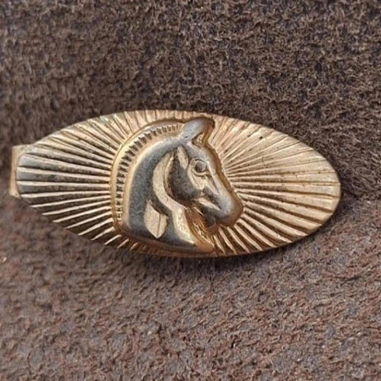 Gold-tone oval tie bar clip showing a raised horse head profile in ray burst frame