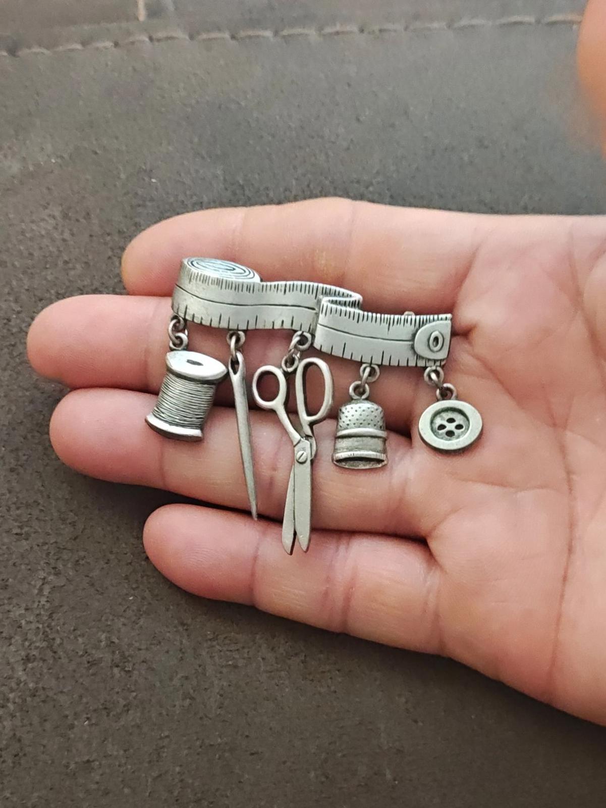 1980s JJ Jonette Sewing Theme Pewter Dangle Brooch