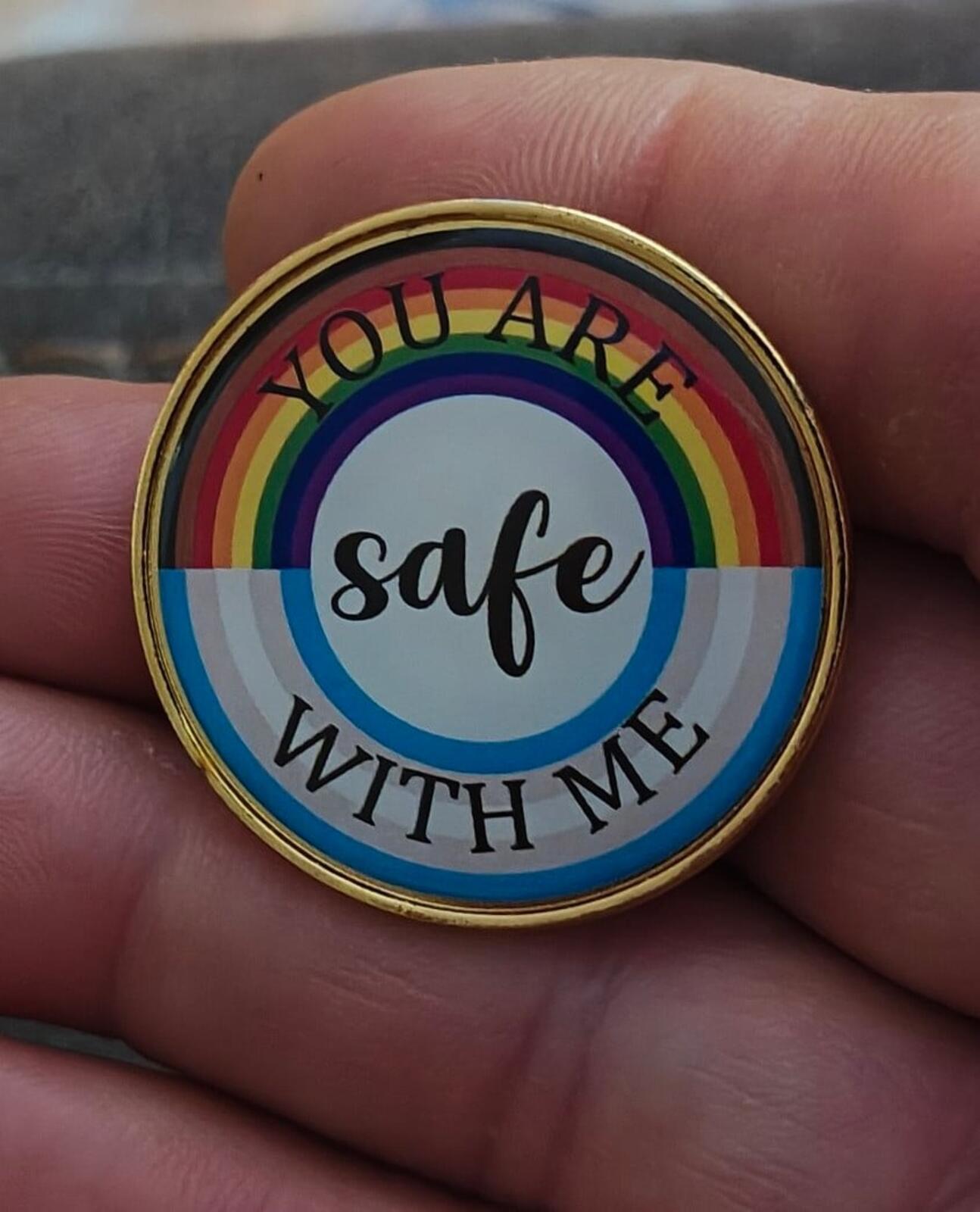 You Are Safe With Me LGBT Rainbow Pride Enamel Gold Tone Pin.