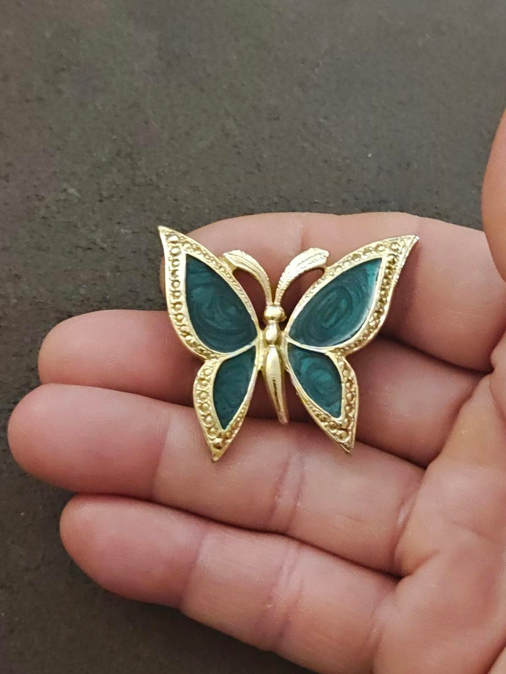 1980s Gold Tone With Green Enamel Textured Butterfly Brooch