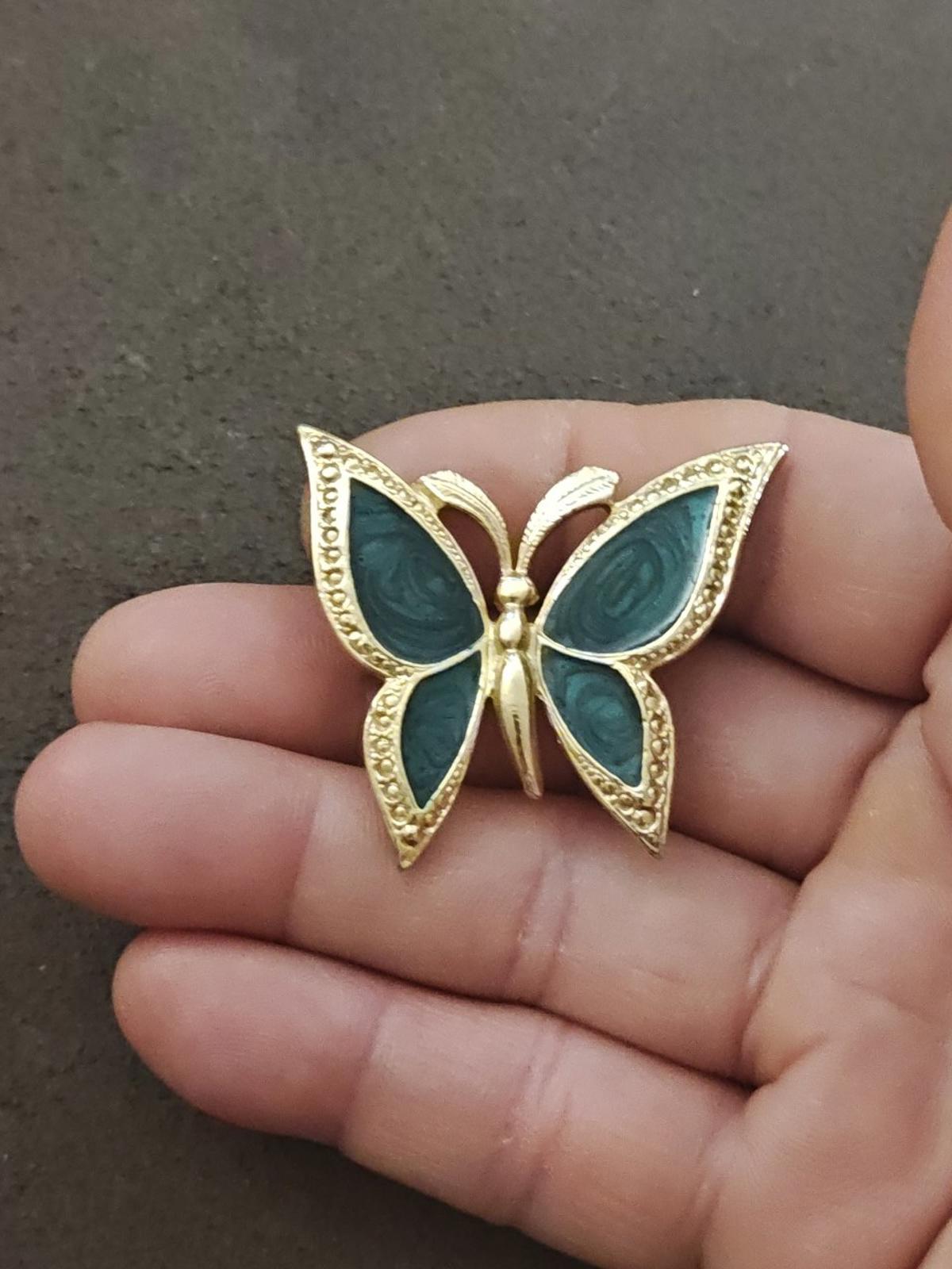 1980s Gold Tone With Green Enamel Textured Butterfly Brooch