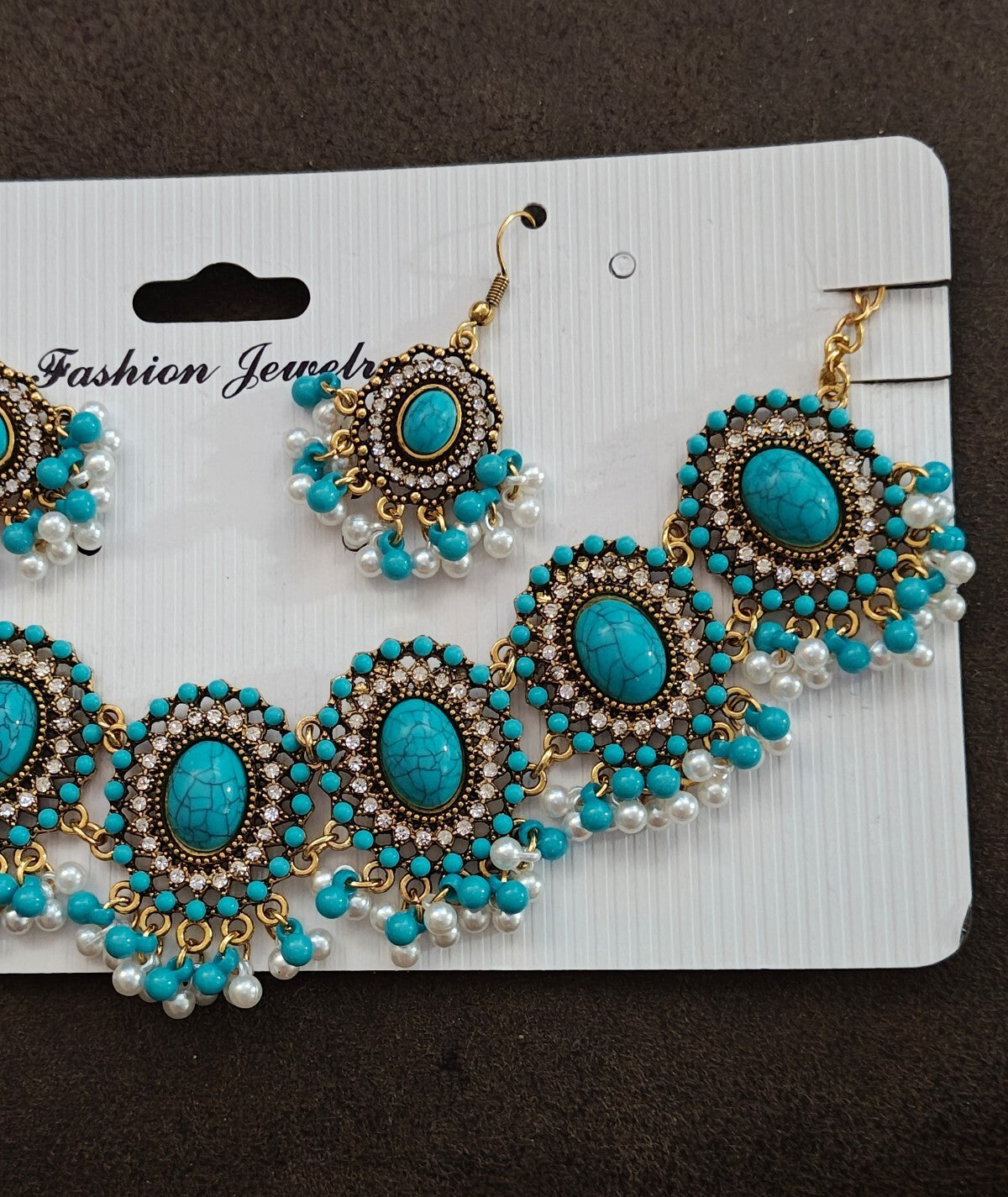 Bohemian Style Synthetic Turquoise & Faux Pearls Choker Necklace & Earrings Set