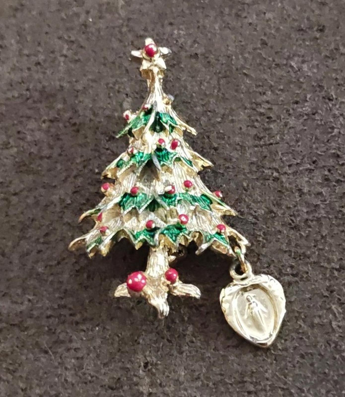 1960s Christmas Tree Brooch Featuring a Dangling Miraculous Medal Charm