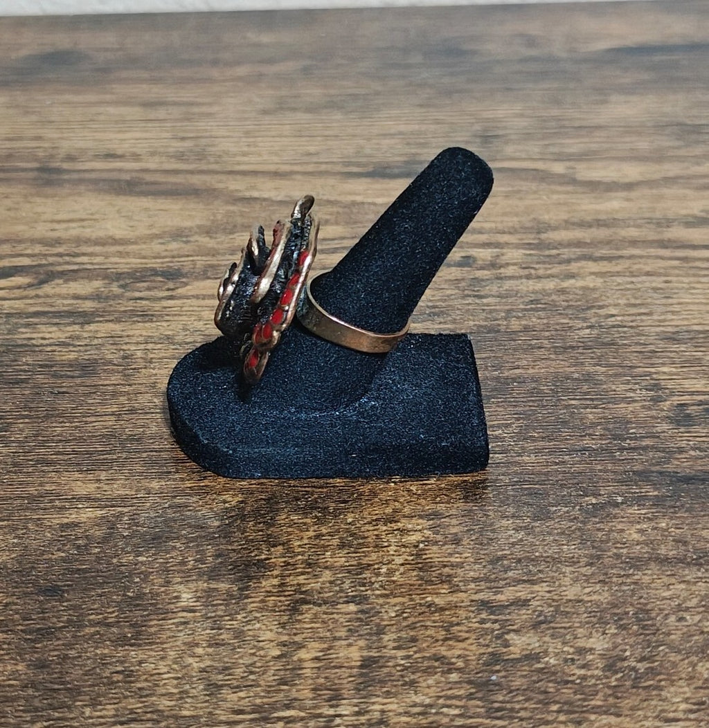 Three Dimensional Vintage Style Red Enamel Rose Statement Adjustable Ring.
