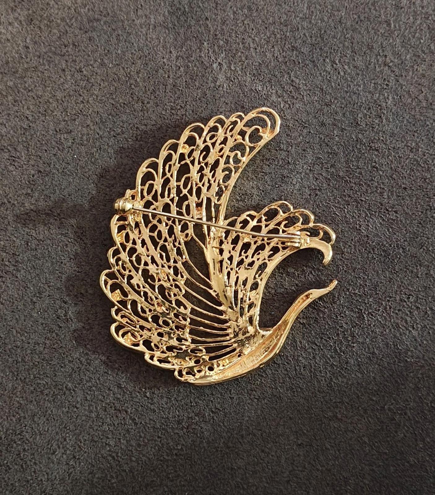 1990's Vintage Large Peacock/Swan Gold Tone Red Blue Green Crystals Brooch Pin