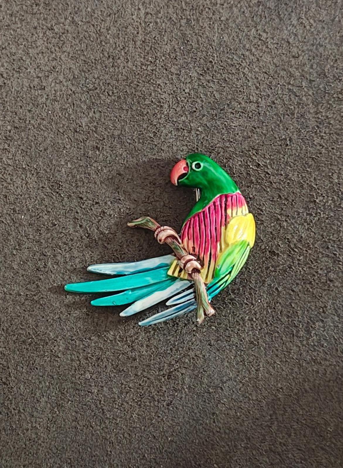 1980s Vintage Hand-Painted Enamel Parrot Sitting On Branch Silver Tone Brooch