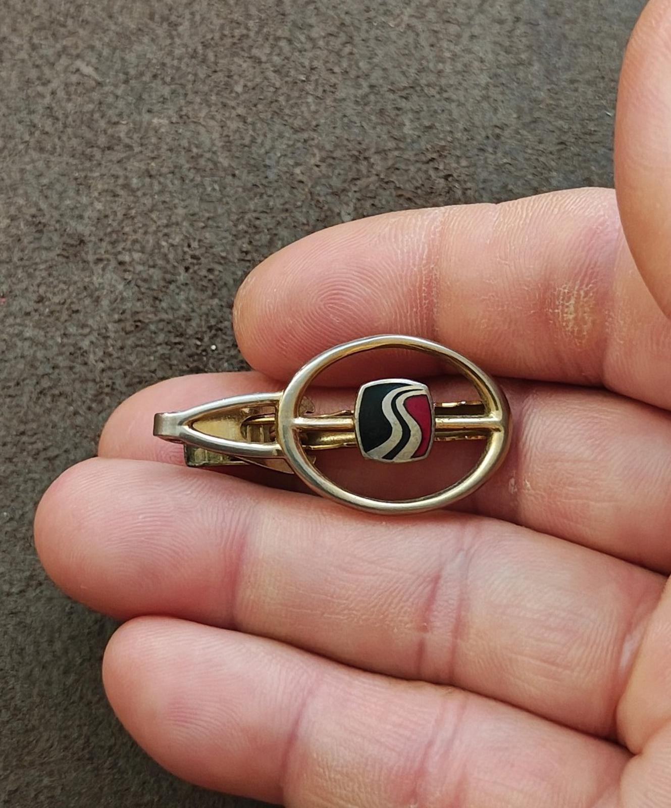1980s Gold Tone Enamel Highway Tie Clip