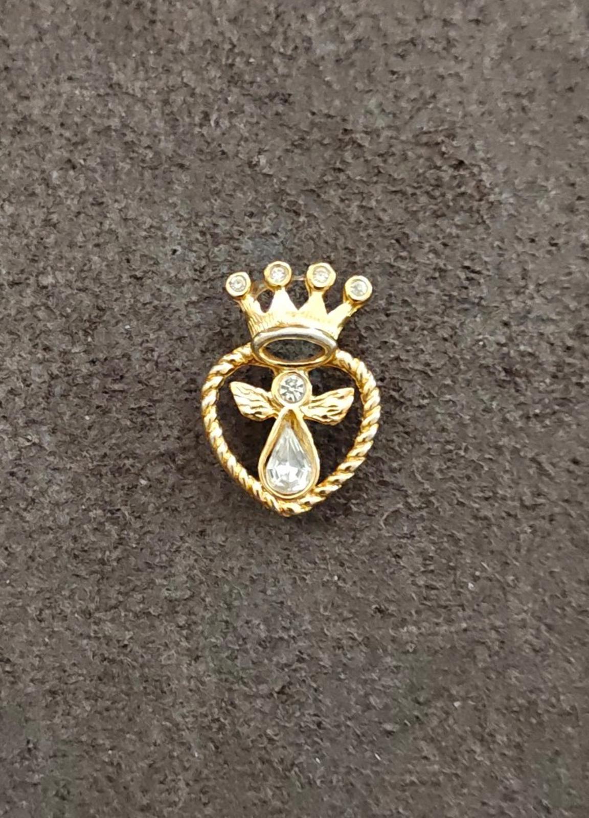 1997 Signed IMO "Angel Heart Crown" Gold Tone With Rhinestones Pin