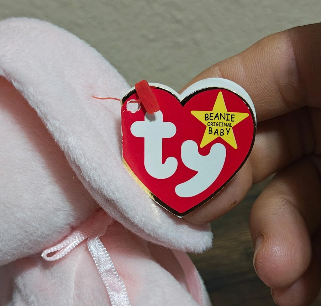 Red heart TY Beanie Original Baby badge on pink plush bunny ear