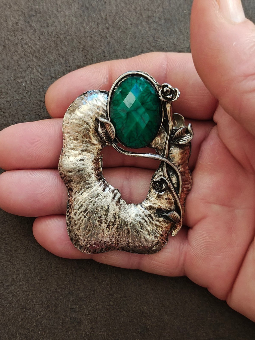 1960s Modernist/Brutalist Style Silver Tone Pendant With Green Stone