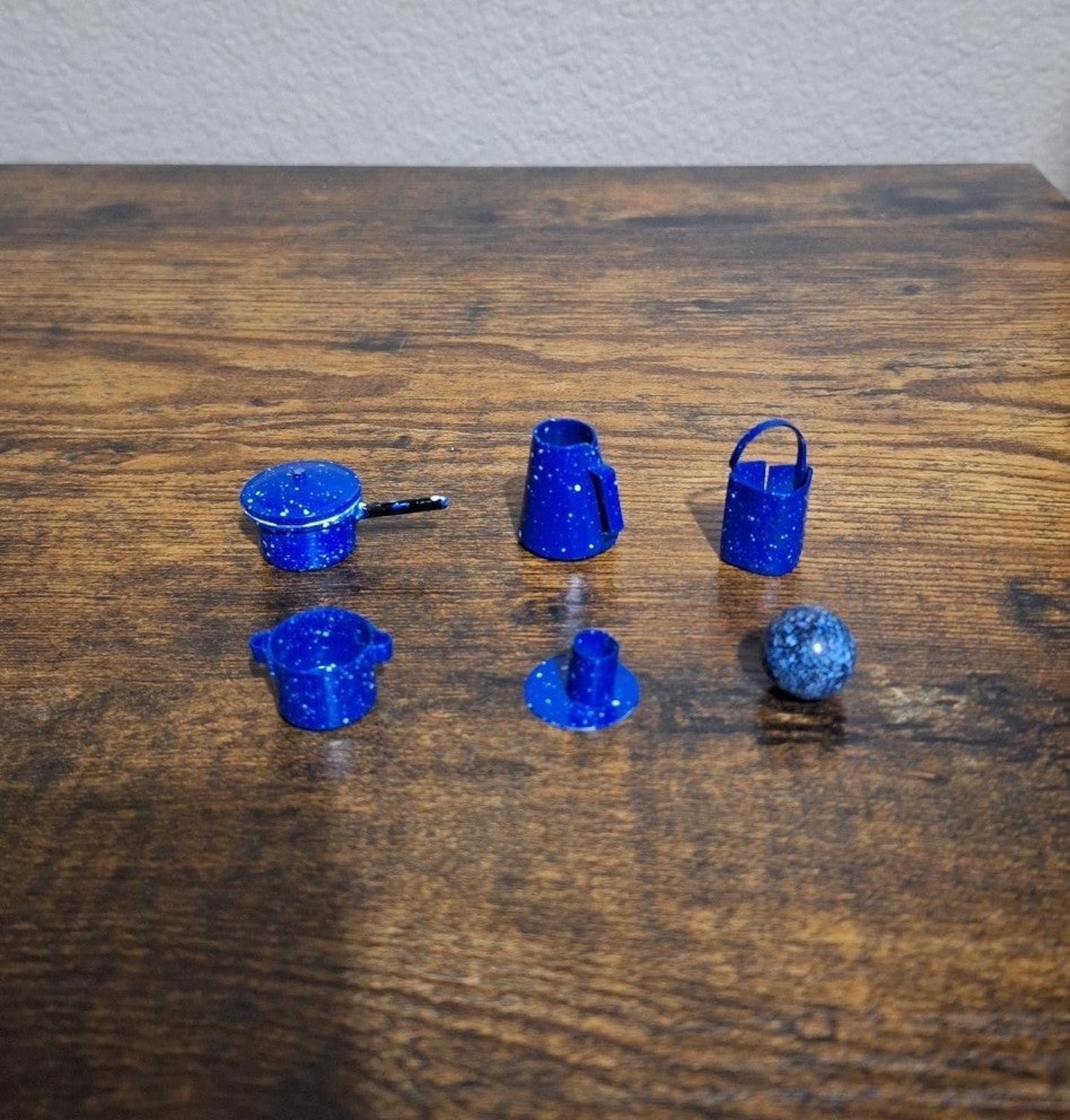 1980's Dollhouse Miniature Blue Speckled Metal Pots Pans