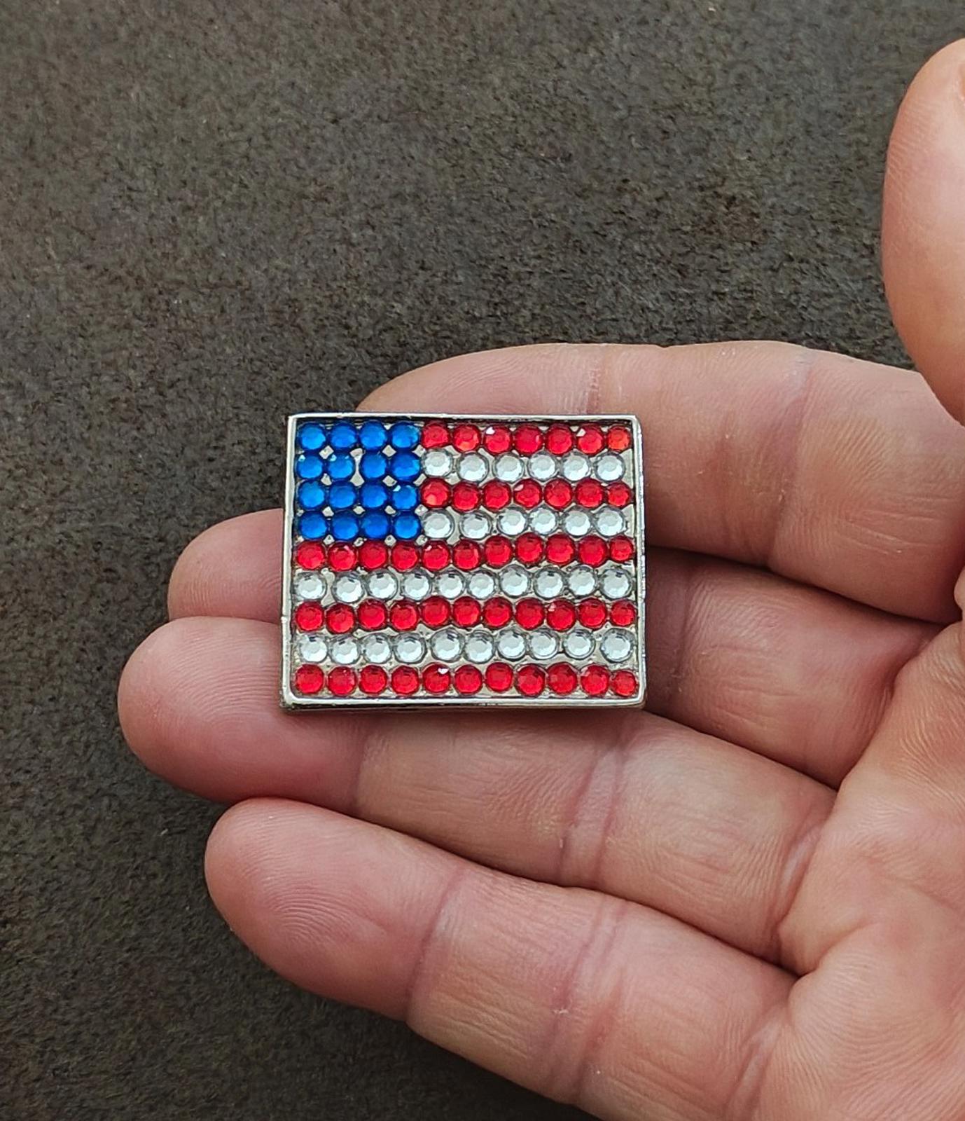 1980s Gold Tone American Flag With Red White and Blue Rhinestones Brooch
