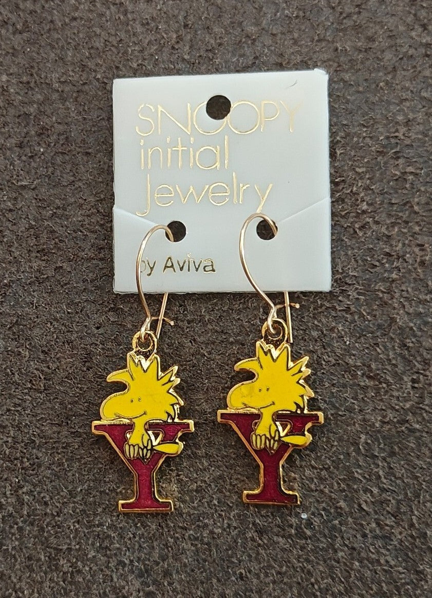 70s Peanuts Woodstock Initial "Y" Gold Tone Cloisonné Enamel Dangle Earrings New