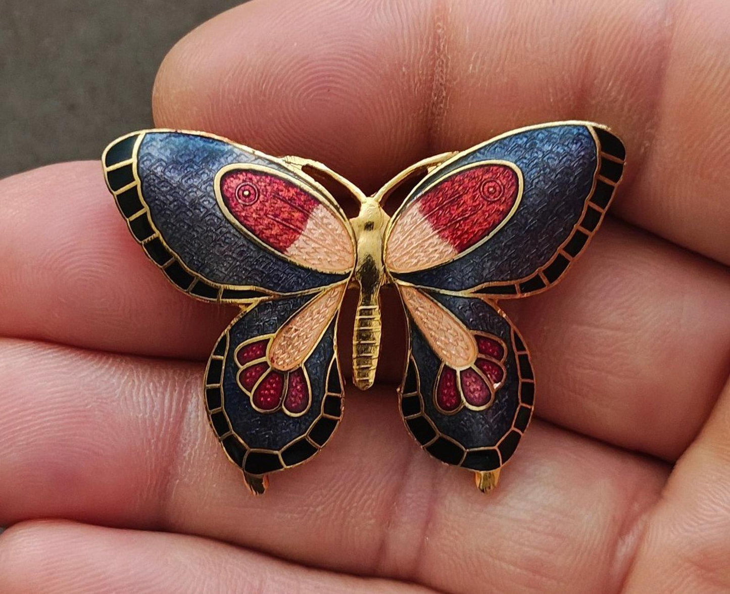 1980s Cloisonné Enamel Butterfly Gold Tone Brooch