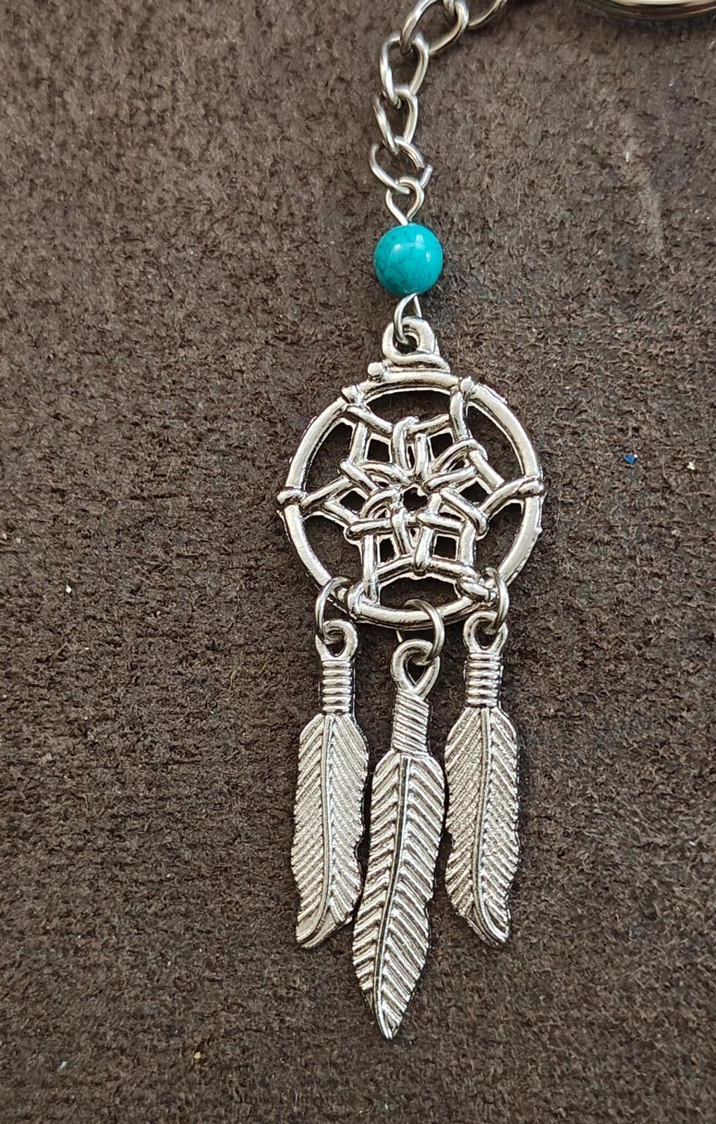1990s Vintage Silver Tone With Faux Turquoise Bead Dreamcatcher Keychain