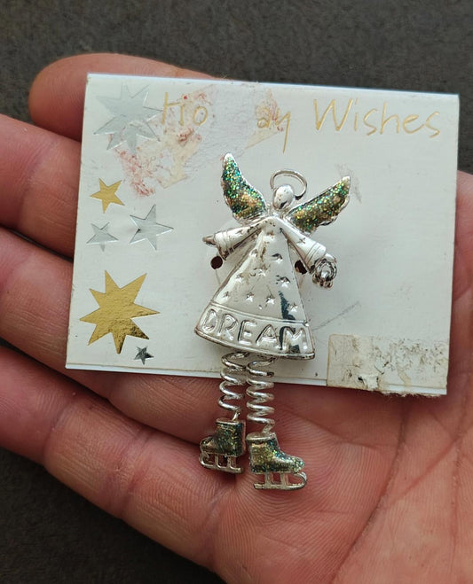 1990s Silver Tone With Glitter Accents "Dream" Angel Brooch