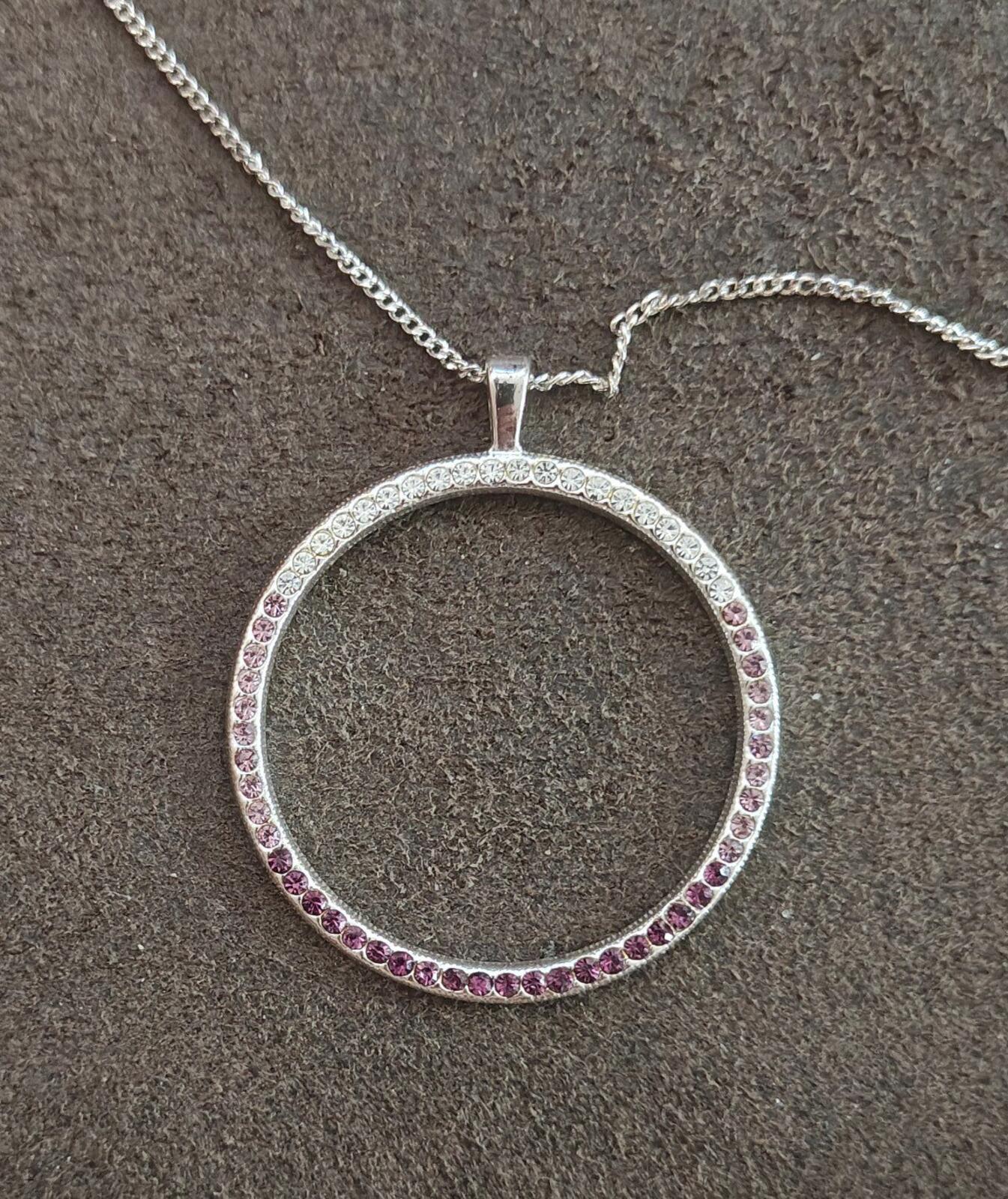80s "Circle of Life" Design With Purple, Pink & Clear Crystals Pendant Necklace
