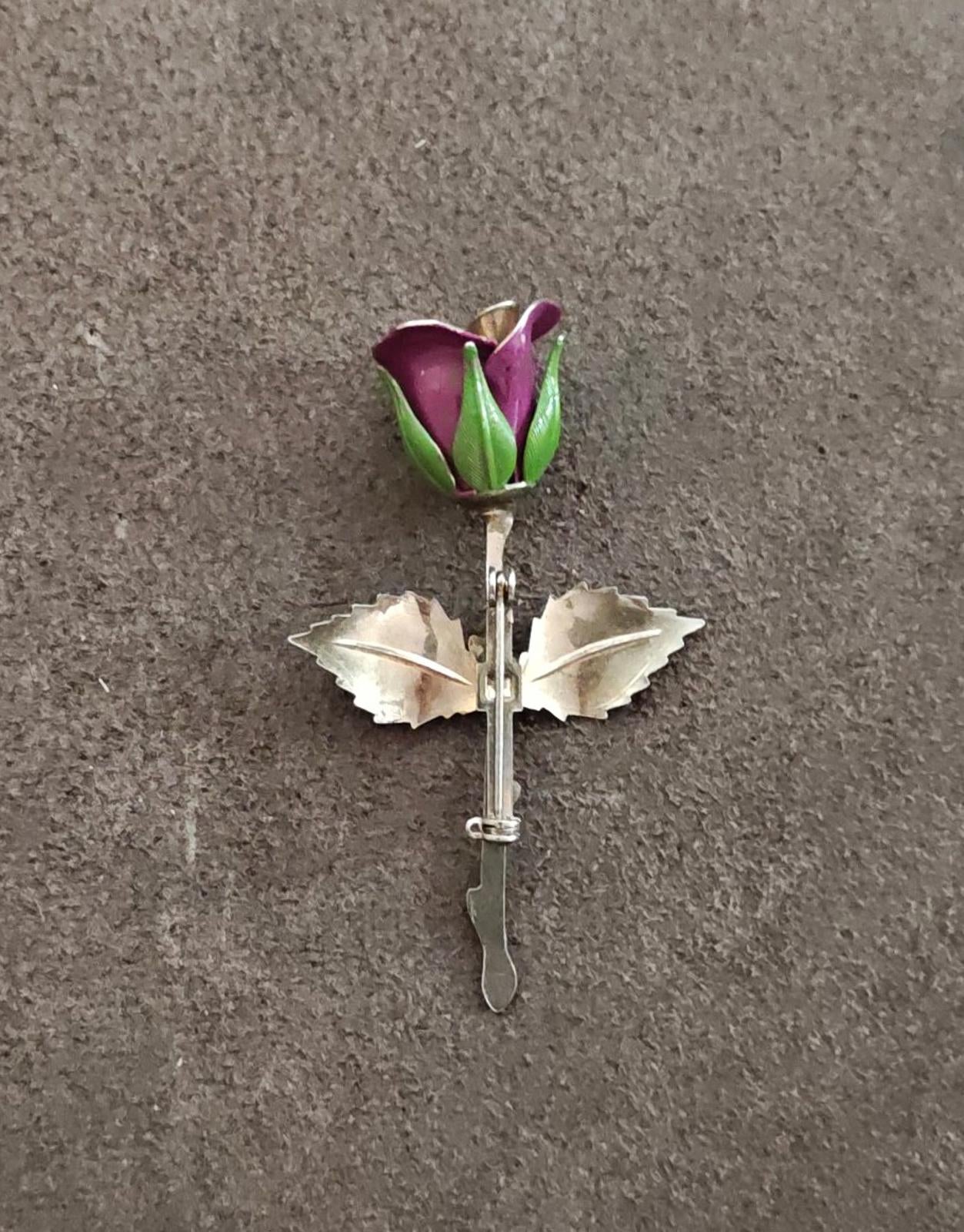 1970s Silver Tone Purple and Green Enamel Rose Brooch