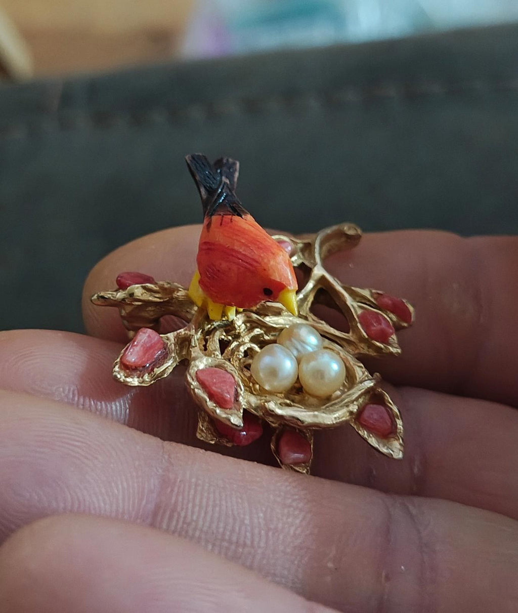 1960's Swoboda Mama Bird in a Nest full of Cultured Pearls Brooch Pin