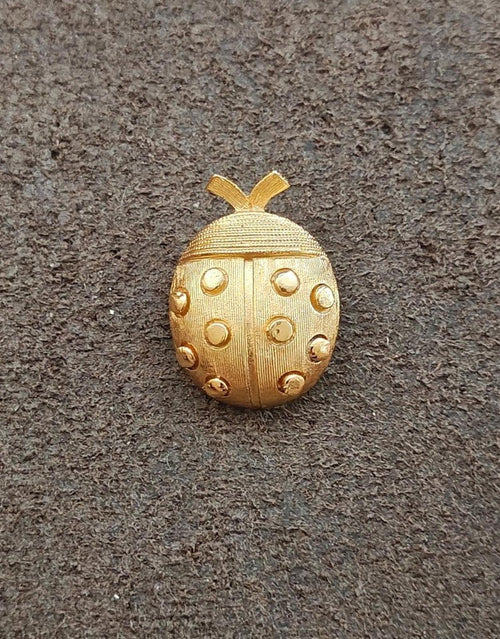 Gold-tone ladybug brooch viewed from front, textured oval body with raised dot details