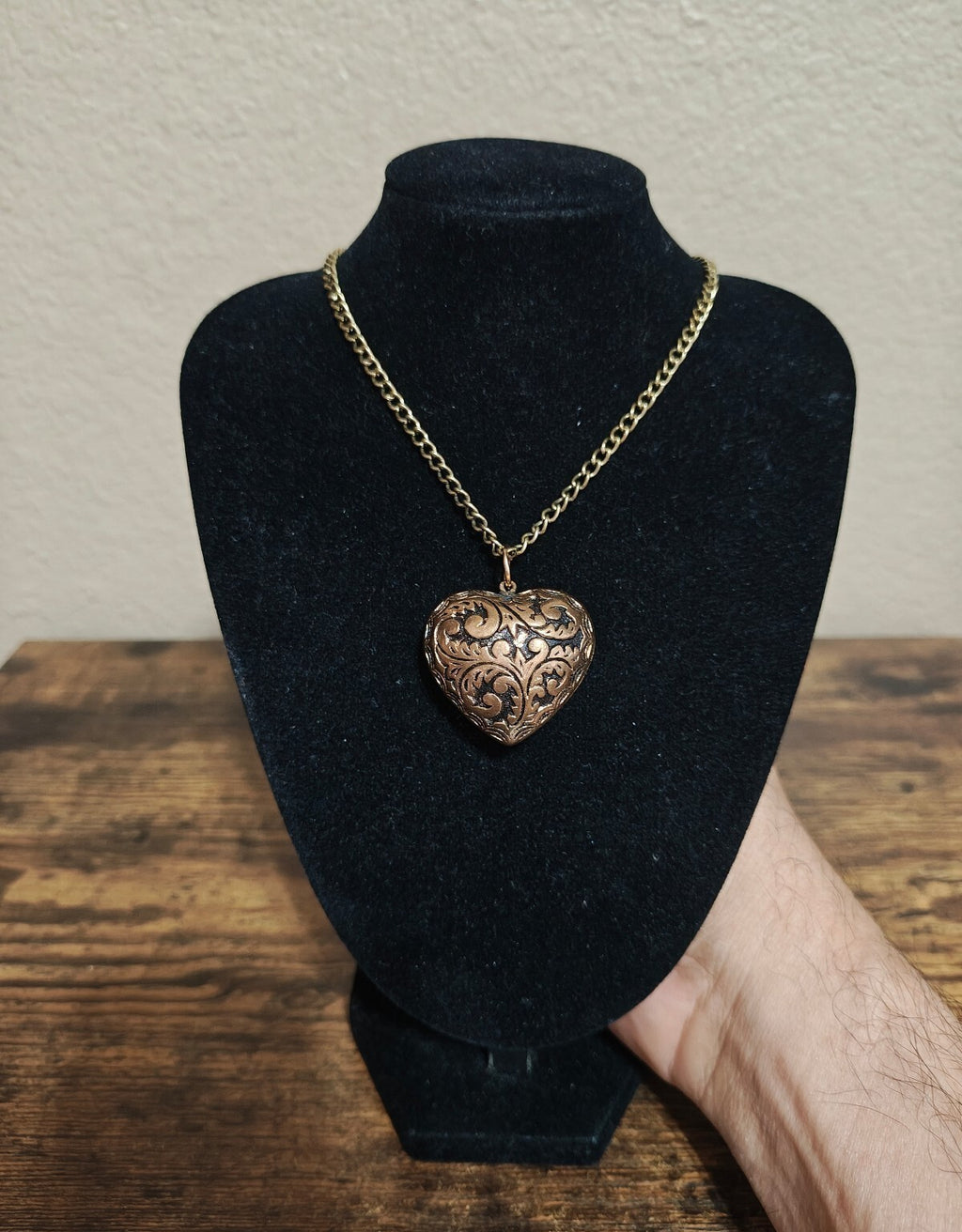 Vintage Style Ornate Puffy Heart Antique Brass Tone Pendant Necklace