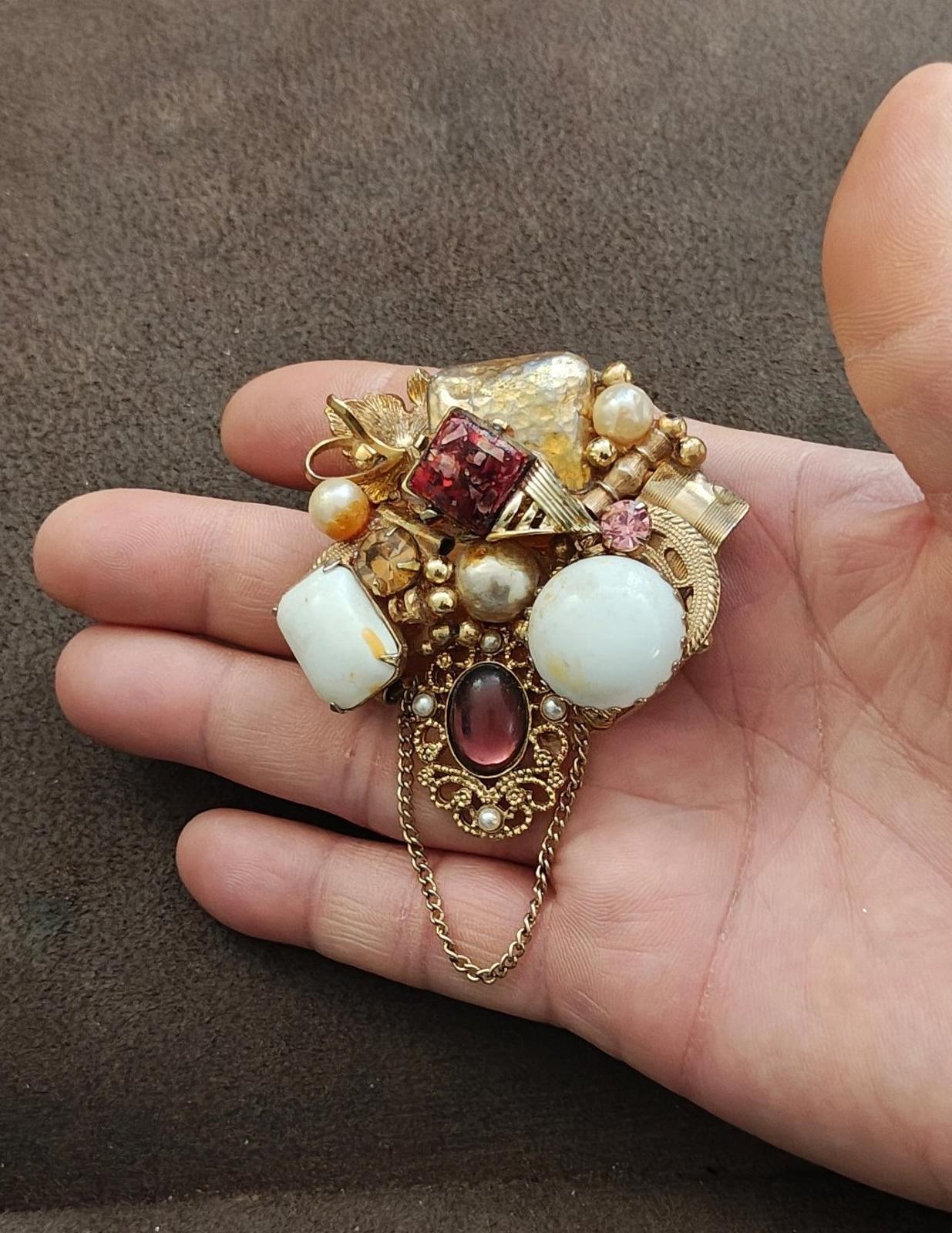 1980s Handmade Collage of  Beads Faux Pearls Etc. Gold Tone Brooch