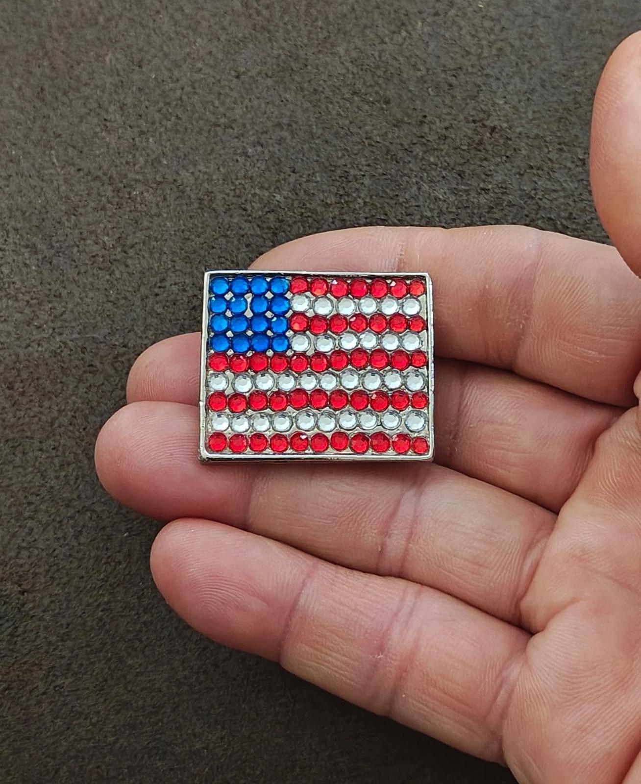 1980s Gold Tone American Flag With Red White and Blue Rhinestones Brooch