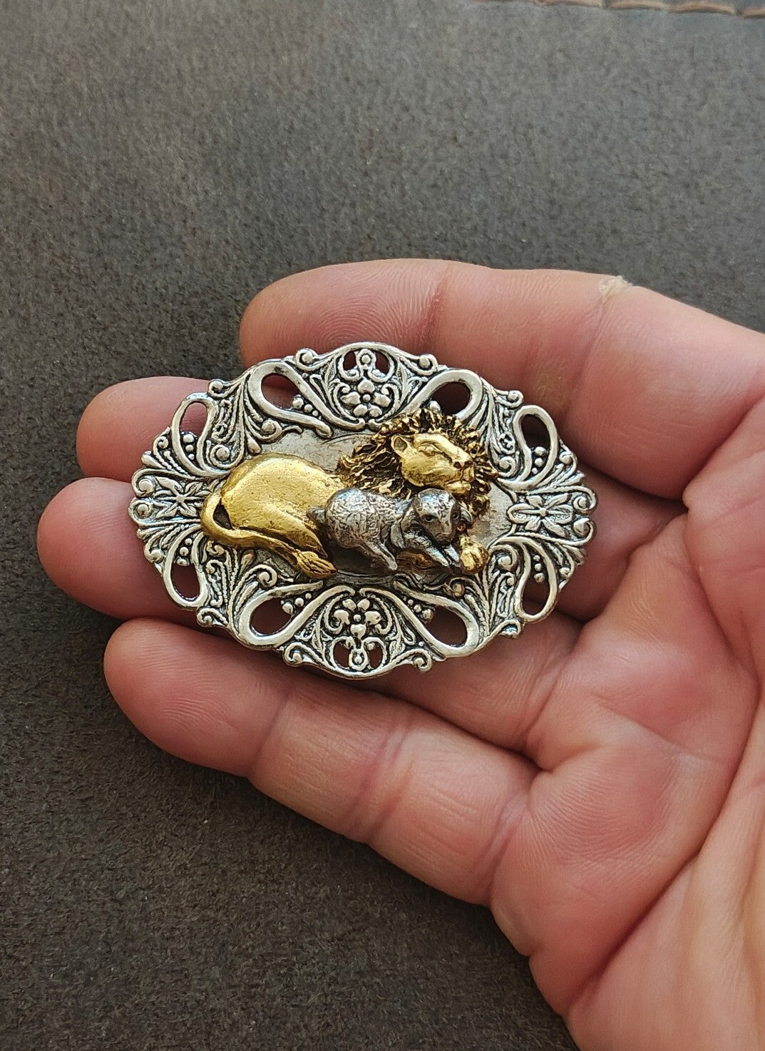 Biblical Lion & The Lamb Two Tone Openwork Filigree Brooch